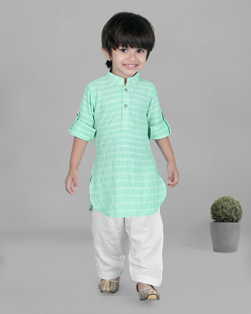 Jhambthreads Kids Sea Green Stripe Kurta for Boys - Image 1