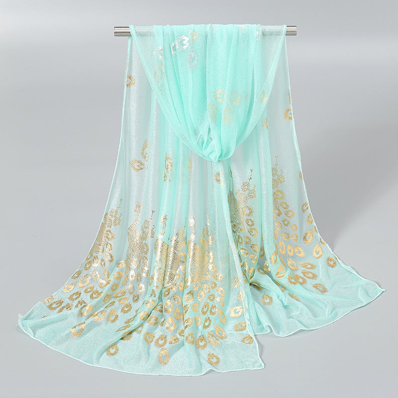 Elegant Solid Peacock Print Scarf with Gold Foiling 14# mint green