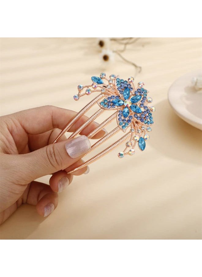 Aimimier - Flower Crystal French Hair Comb Luxury Rhinestone Side Combs Long Teeth Hair Pins Hair Accessories for Bride and Bridesmaid(Blue) - Image 1