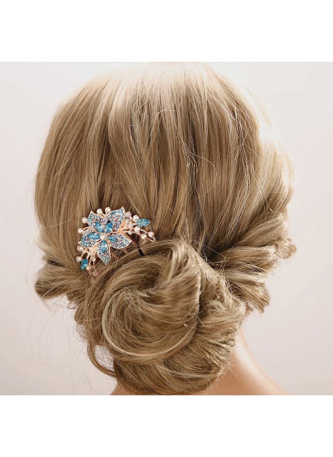 Aimimier - Flower Crystal French Hair Comb Luxury Rhinestone Side Combs Long Teeth Hair Pins Hair Accessories for Bride and Bridesmaid(Blue) - Image 1