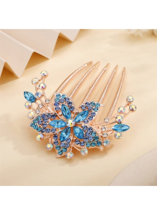 Aimimier - Flower Crystal French Hair Comb Luxury Rhinestone Side Combs Long Teeth Hair Pins Hair Accessories for Bride and Bridesmaid(Blue) - Image 1