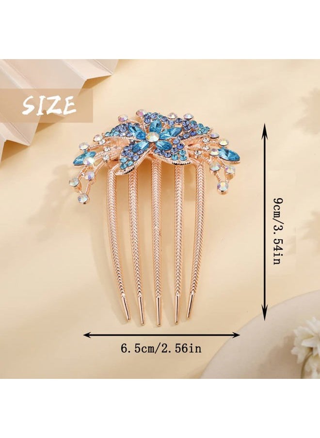 Aimimier - Flower Crystal French Hair Comb Luxury Rhinestone Side Combs Long Teeth Hair Pins Hair Accessories for Bride and Bridesmaid(Blue) - Image 1