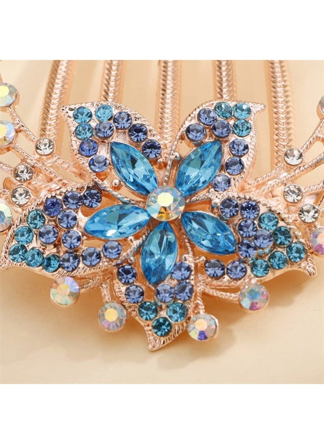 Aimimier - Flower Crystal French Hair Comb Luxury Rhinestone Side Combs Long Teeth Hair Pins Hair Accessories for Bride and Bridesmaid(Blue) - Image 1