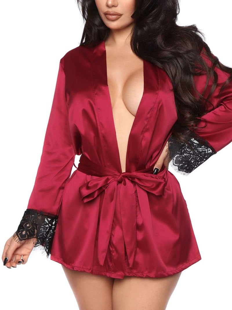 GirlFriend Women Satin Kimono Robe Set Back Lace Kimono Babydoll Robe for Women Girl Maroon - Image 2