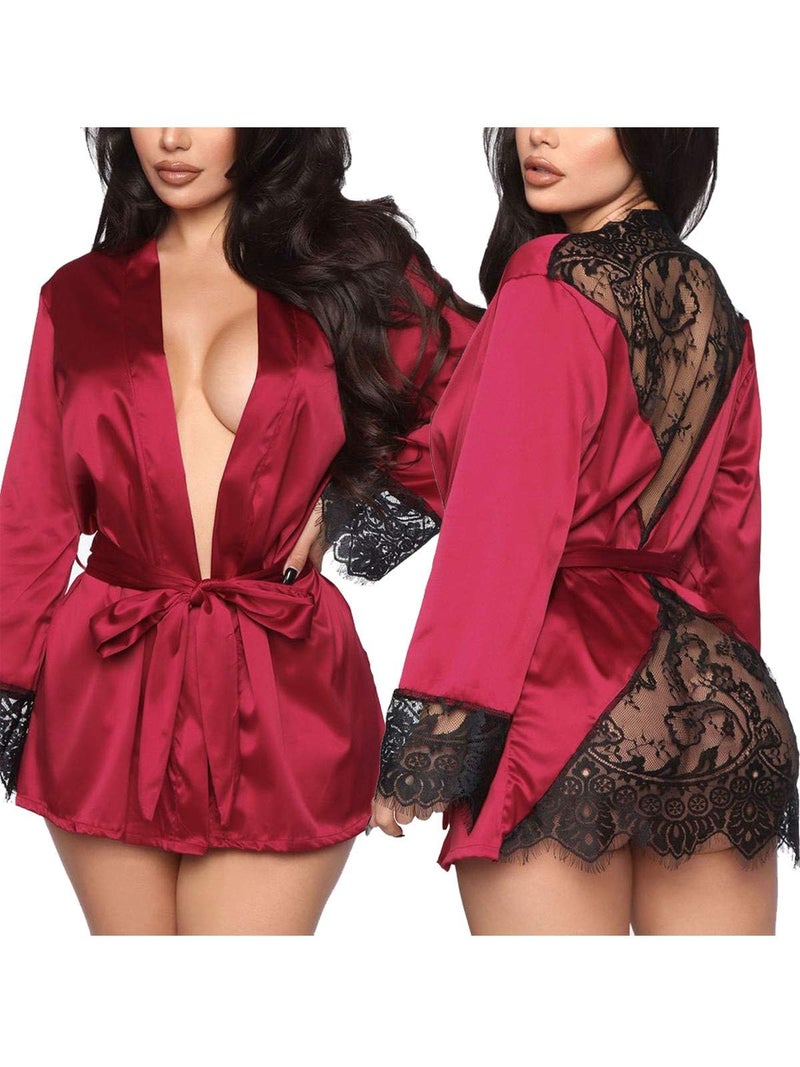 GirlFriend Women Satin Kimono Robe Set Back Lace Kimono Babydoll Robe for Women Girl Maroon - Image 1