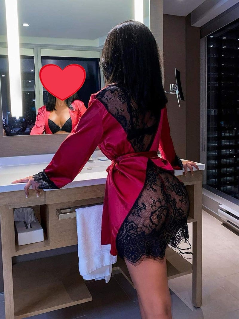 GirlFriend Women Satin Kimono Robe Set Back Lace Kimono Babydoll Robe for Women Girl Maroon - Image 5