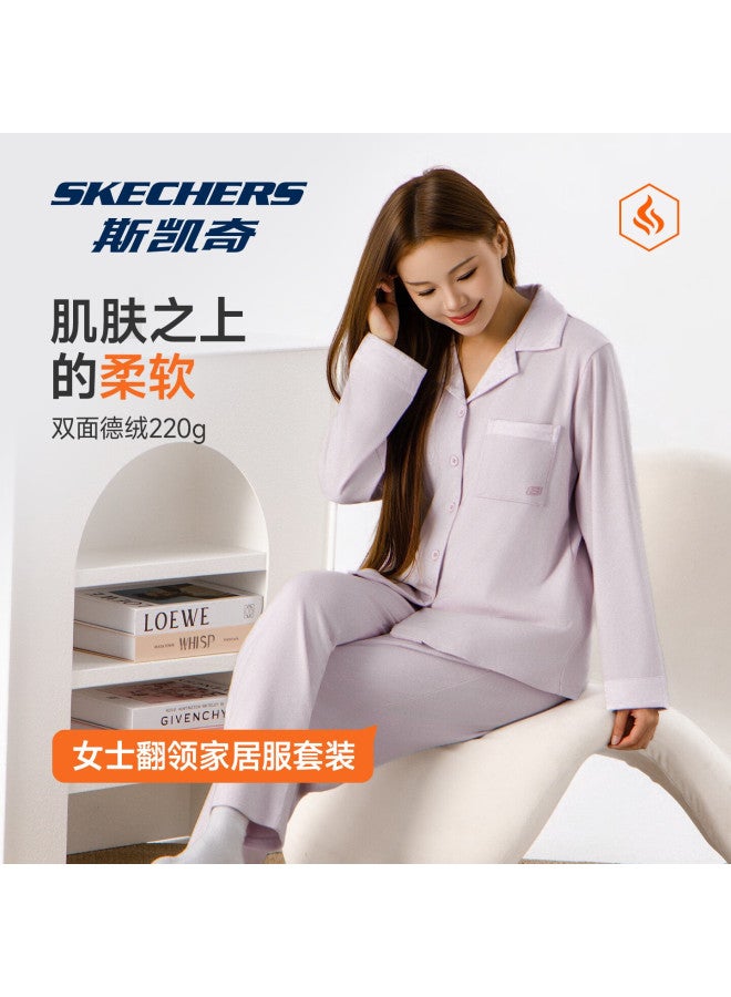 Skechers Women's Antibacterial Anti-mite Loose Long Sleeve Pajama Set With Long Pants, Suitable For Outdoor Wear