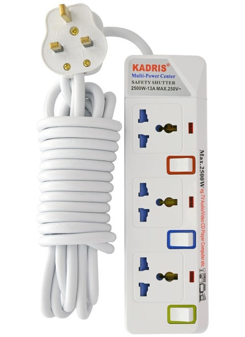 Power Strips 913 Heavy Duty Extension Cord with 3 way Outlets with individual switch, Charging Socket with 5 meter Heat resistant  Extension Cord (White)