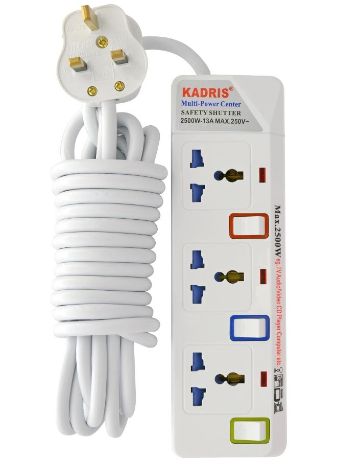 KADRIS Power Strips 913 Heavy Duty Extension Cord with 3 way Outlets with individual switch, Charging Socket with 5 meter Heat resistant  Extension Cord (White)  - Image 1