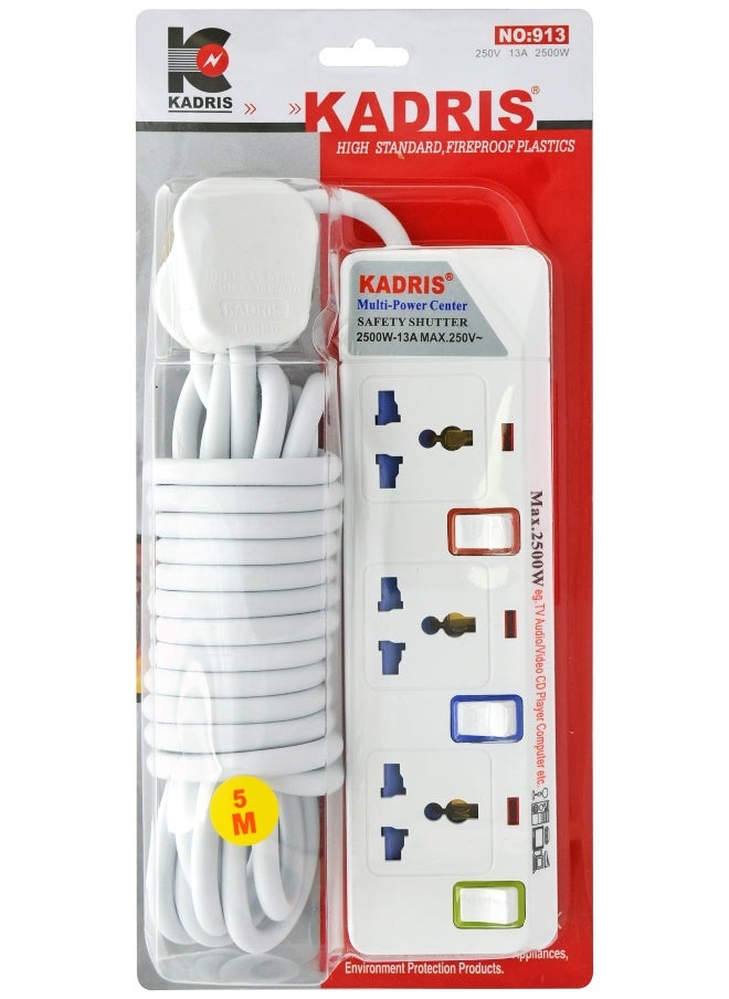 KADRIS Power Strips 913 Heavy Duty Extension Cord with 3 way Outlets with individual switch, Charging Socket with 5 meter Heat resistant  Extension Cord (White)  - Image 2