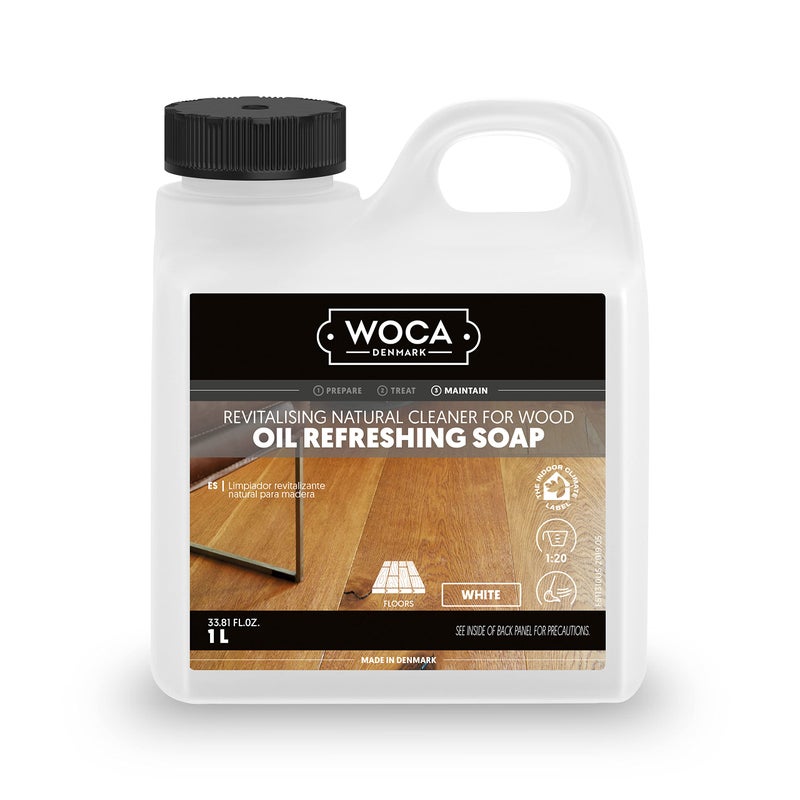 WOCA Denmark Oil Refreshing Soap White 1L â€“ Cleaner & Rejuvenator for White Oiled Wood Floors | Plant-Based, Food Contact Safe | Cleans, Re-oils, Protects & Maintains Matte Finish | Low VOC - Image 1
