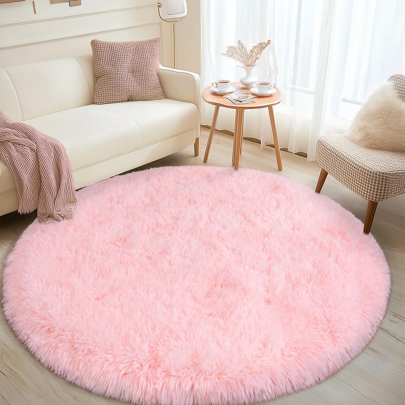 WISH TREE Round Fluffy Pink Rug for Bedroom, 4Ft Fuzzy Shag Circle Area Rug for Girls Kids Room Nursery, Soft Non Slip Plush Carpet for Dorm Living Room Home Decor - Image 2