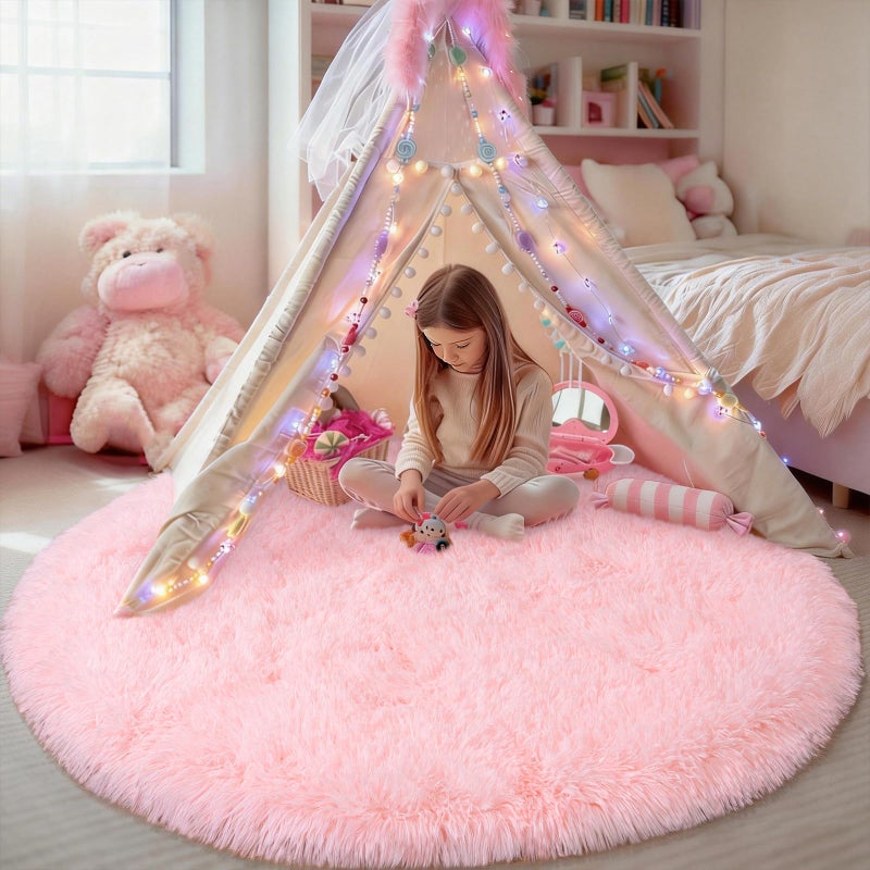 WISH TREE Round Fluffy Pink Rug for Bedroom, 4Ft Fuzzy Shag Circle Area Rug for Girls Kids Room Nursery, Soft Non Slip Plush Carpet for Dorm Living Room Home Decor - Image 1