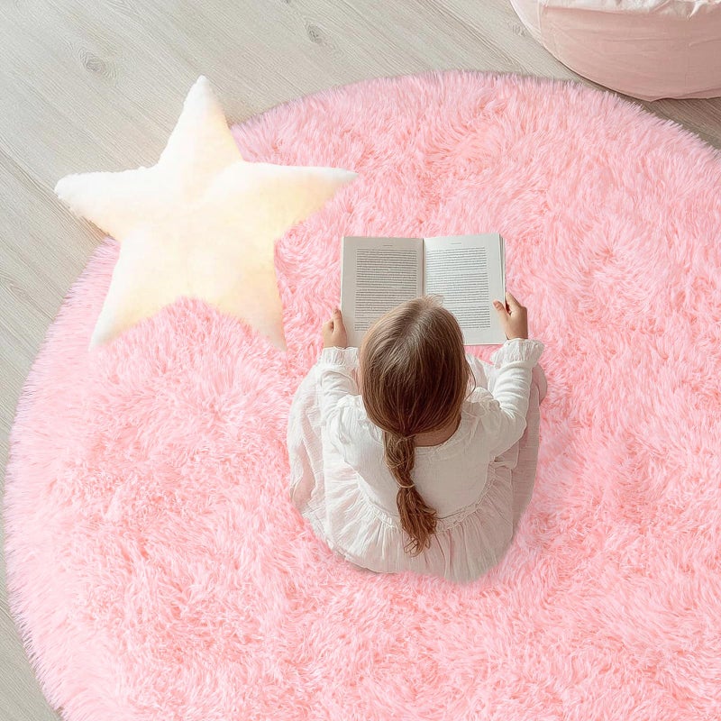 WISH TREE Round Fluffy Pink Rug for Bedroom, 4Ft Fuzzy Shag Circle Area Rug for Girls Kids Room Nursery, Soft Non Slip Plush Carpet for Dorm Living Room Home Decor - Image 5
