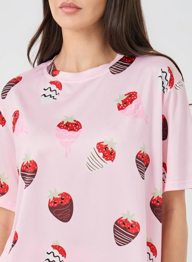 Take Two Take Two Strawberry Printed T-Shirt and Pyjama Set