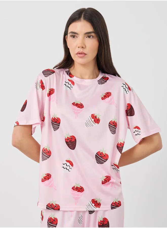 Take Two Take Two Strawberry Printed T-Shirt and Pyjama Set