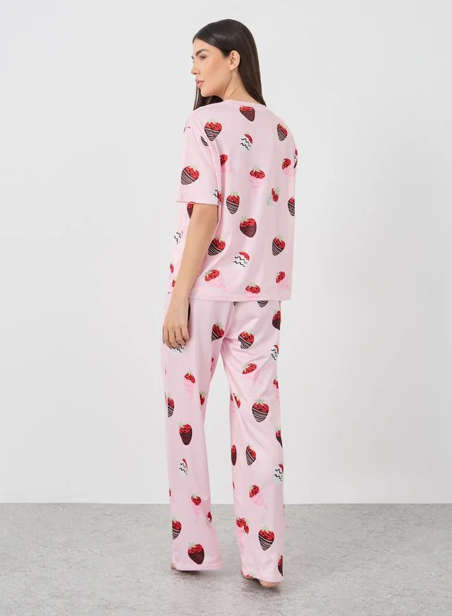 Take Two Take Two Strawberry Printed T-Shirt and Pyjama Set