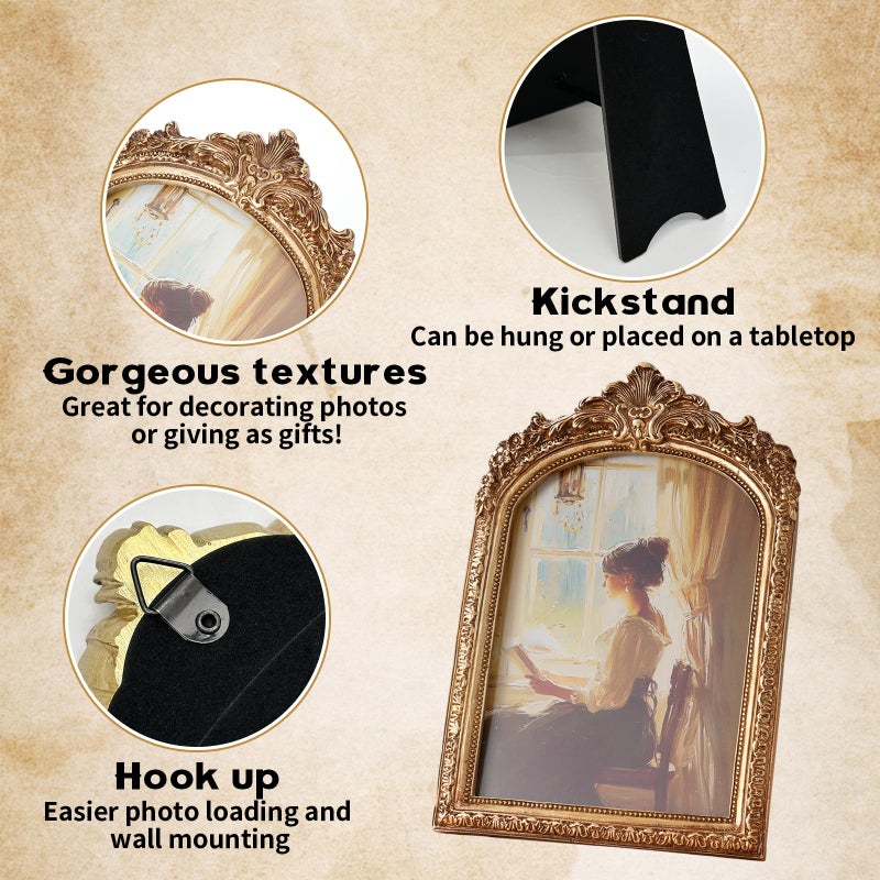 Rainmae 3 PCS Vintage Picture Frames 4x6, 5x7, 6x8 Inch Wall & Tabletop Picture Frames Antique Baroque Ornate Gold Arched Photo Frame Set with Stand and Haning Hook for Home Decor Photography Props Gifts - Image 3