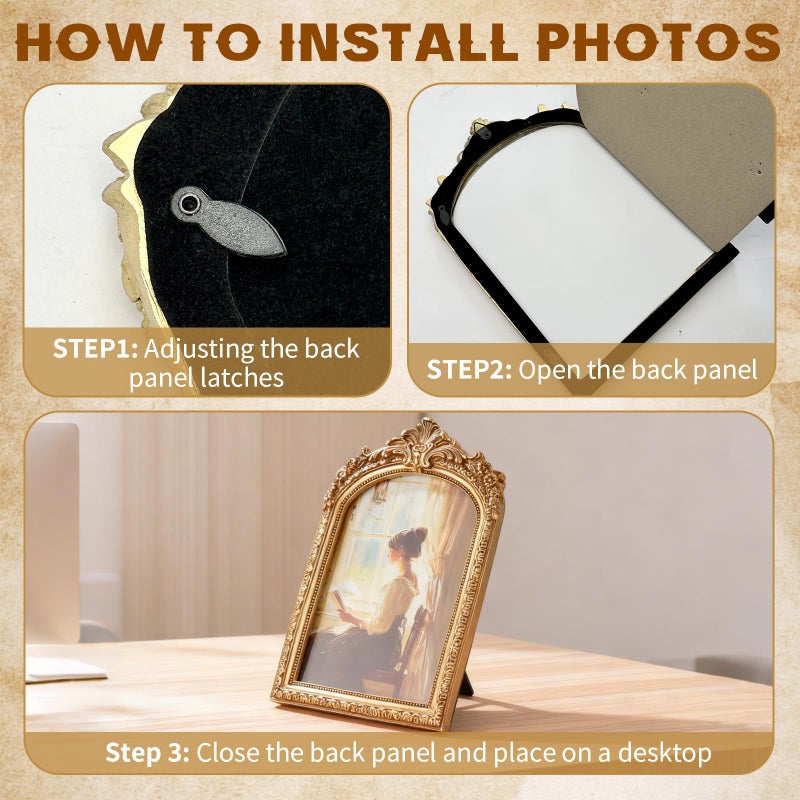 Rainmae 3 PCS Vintage Picture Frames 4x6, 5x7, 6x8 Inch Wall & Tabletop Picture Frames Antique Baroque Ornate Gold Arched Photo Frame Set with Stand and Haning Hook for Home Decor Photography Props Gifts - Image 4