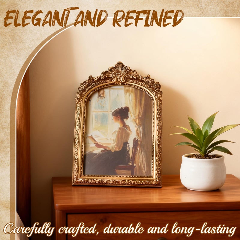 Rainmae 3 PCS Vintage Picture Frames 4x6, 5x7, 6x8 Inch Wall & Tabletop Picture Frames Antique Baroque Ornate Gold Arched Photo Frame Set with Stand and Haning Hook for Home Decor Photography Props Gifts - Image 5