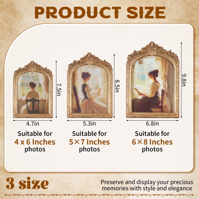 Rainmae 3 PCS Vintage Picture Frames 4x6, 5x7, 6x8 Inch Wall & Tabletop Picture Frames Antique Baroque Ornate Gold Arched Photo Frame Set with Stand and Haning Hook for Home Decor Photography Props Gifts - Image 2
