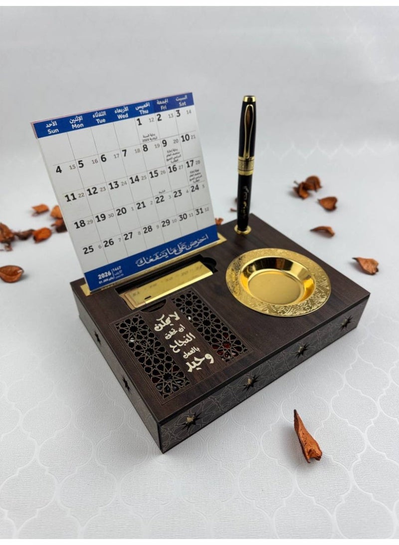 Samrix Luxury Calendar Box 2026: A luxurious calendar with a wooden base containing a compartment for oud (5 grams of enhanced Moroccan oud), an incense burner, a luxury pen engraved with a name, and a paper calendar (Gregorian and Hijri). ✔ Elegant wooden design, luxurious calendar box ✔ Practical Gregorian and Hijri calendar ✔ High-quality enhanced Moroccan oud ✔ Luxury pen engraved with a name ✔ Elegant incense burner for everyday use ✔ Versatile wooden base ✔ Ideal for formal gifts ✔ Suitable for offices and homes ✔ Combines luxury and practicality ✔ A lasting and memorable gift ✔ Sophisticated design suitable for all occasions ✔ An ideal choice for companies and managers - Image 4