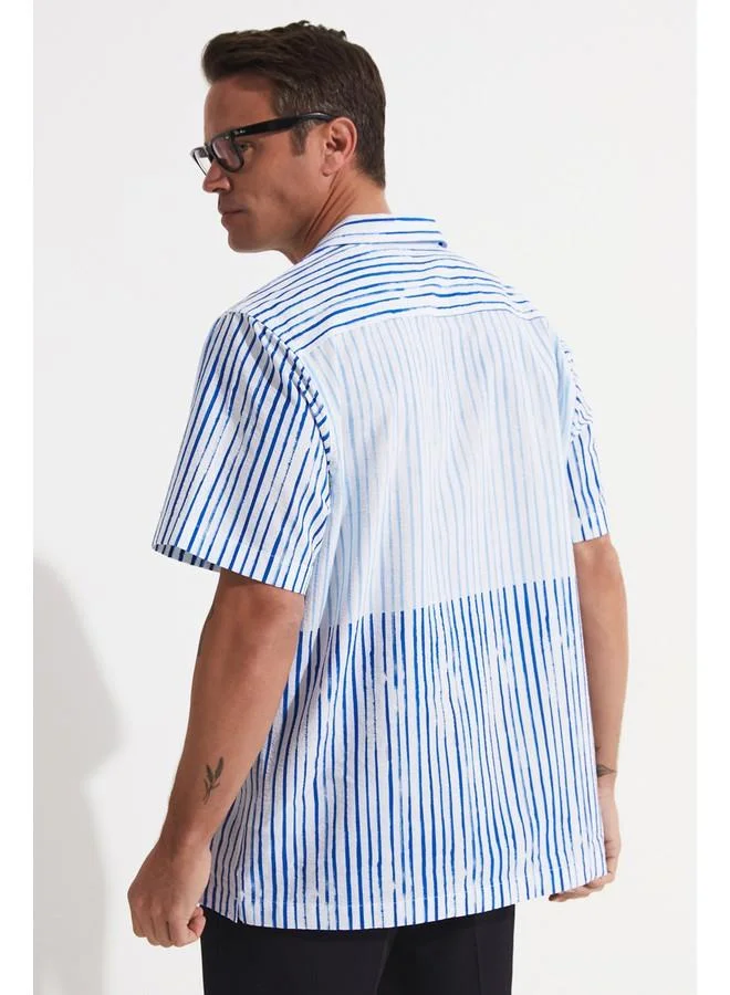 JUNE June Exclusive Men Short Sleeve Striped Shirt White - Blue