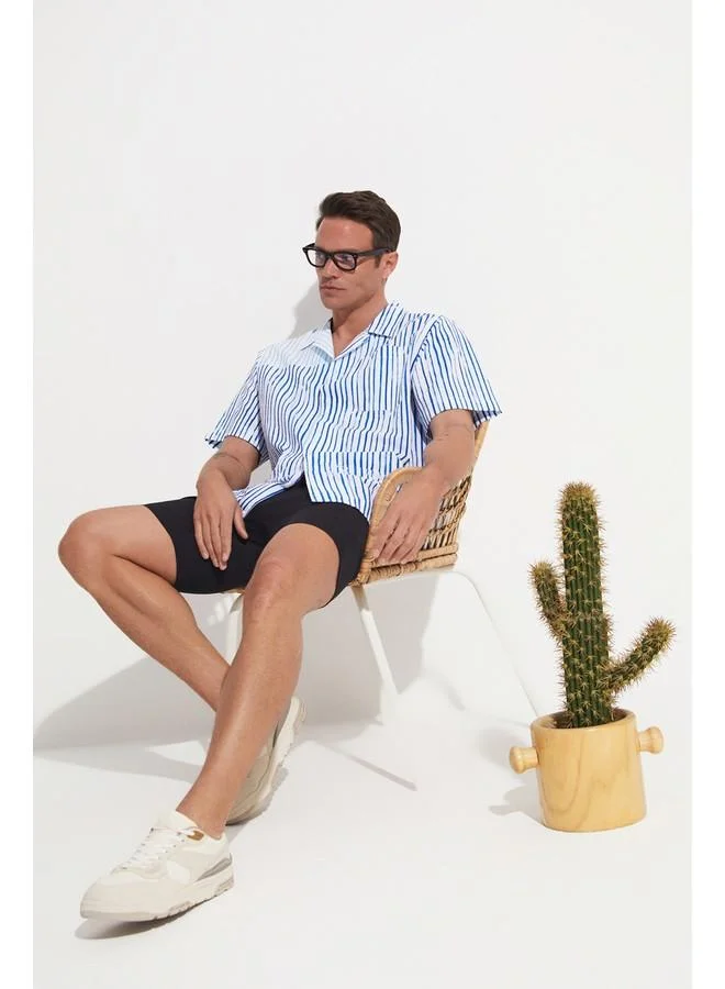 JUNE June Exclusive Men Short Sleeve Striped Shirt White - Blue