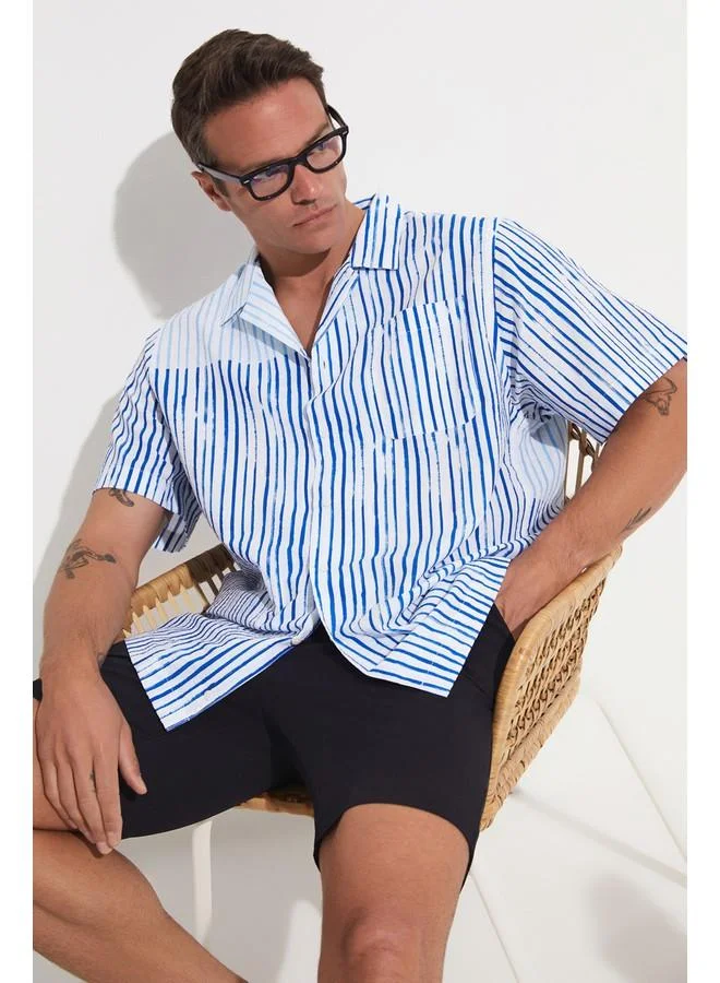 JUNE June Exclusive Men Short Sleeve Striped Shirt White - Blue