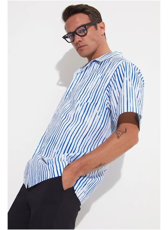 جون June Exclusive Men Short Sleeve Striped Shirt White - Blue