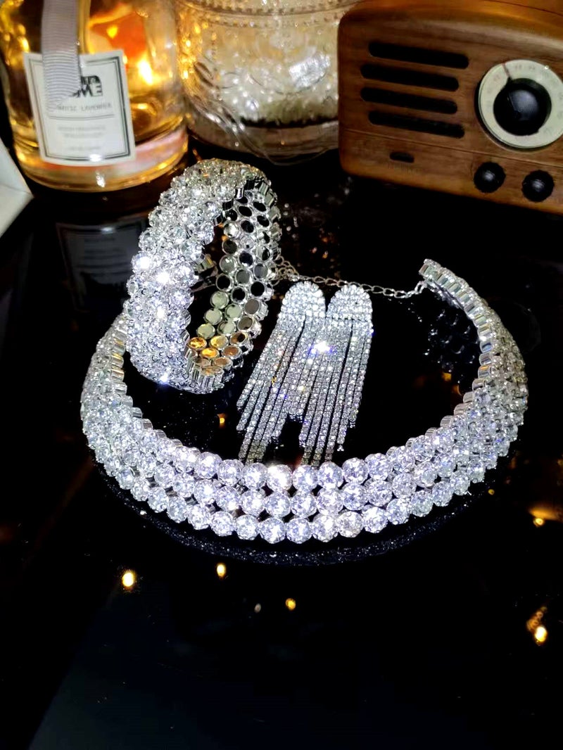 Shijiahuazi High-End Super Flash Rhinestone Single Row Double Row Necklace Necklace Womens Fashion Luxury Clavicle Chain Necklace Collar stud bracelet-silver 3 rows
