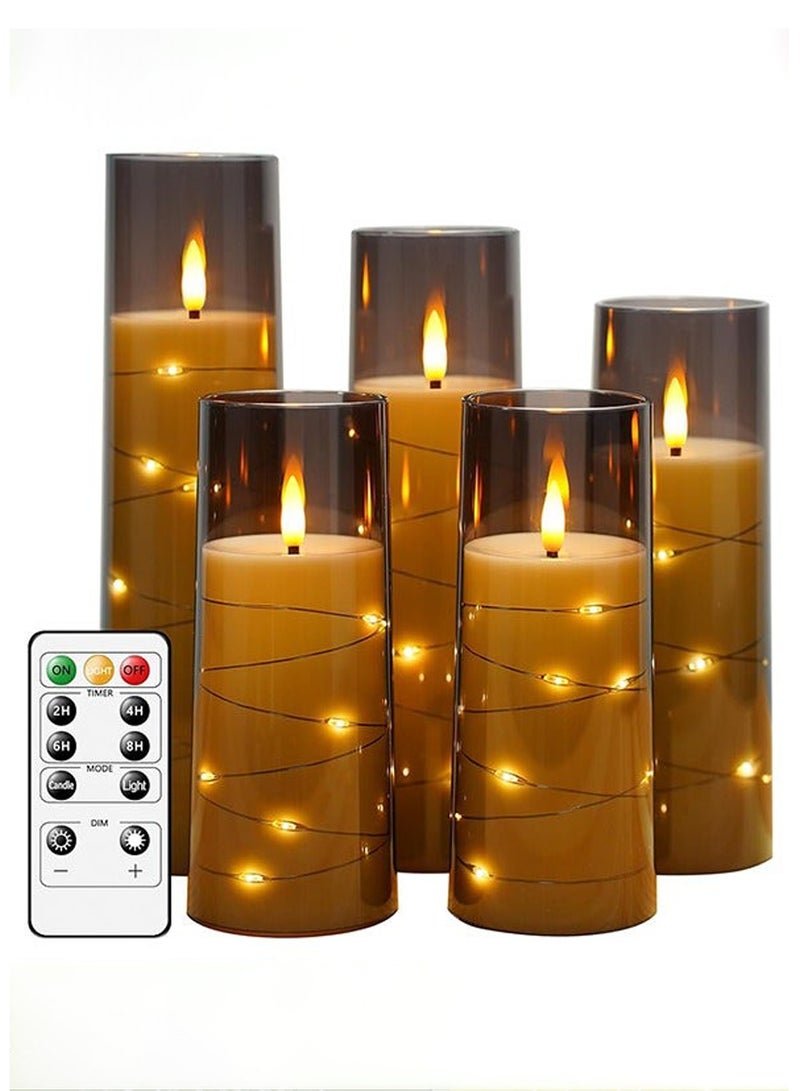شموع LED بدون لهب مع مؤقت من 5 قطع وامضة للاجواء الرومانسية وديكور المنزل غلاف اكريليك ثابت سلسلة نجوم مدمجة تعمل بالبطارية (رمادي) - Image 1