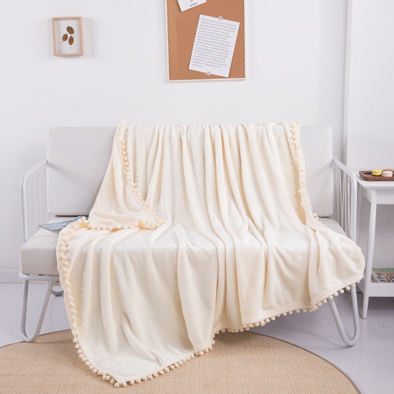 Fringe Pom-Pom Flannel Throw Blanket Solid Color Rice White 
