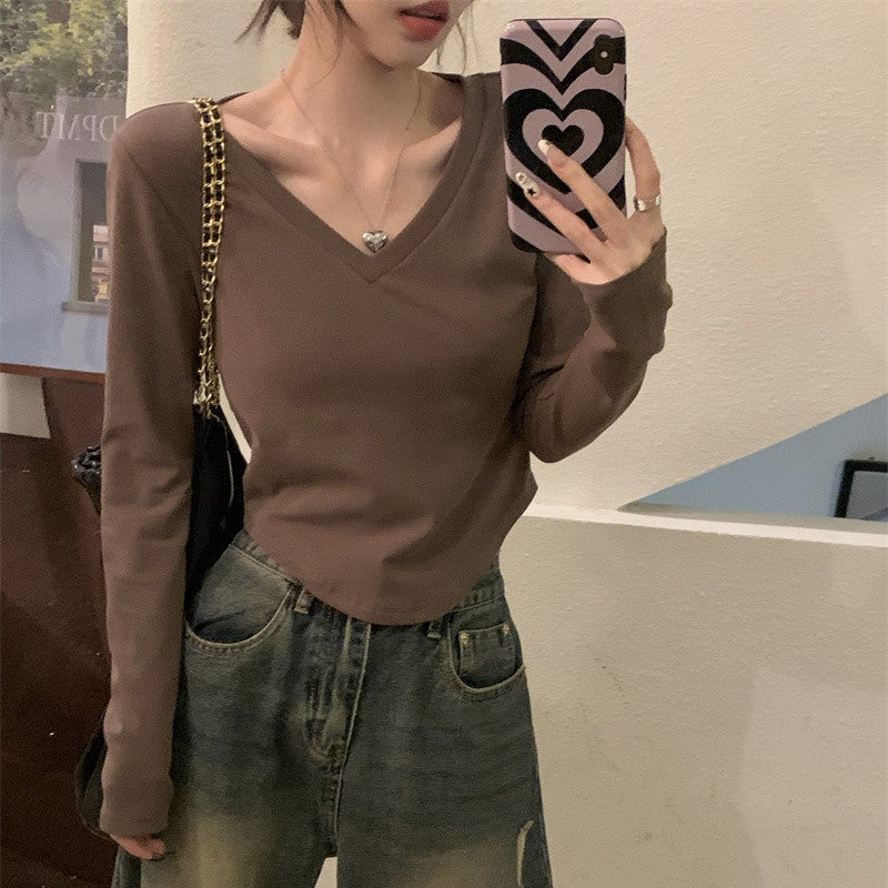Pure Wants To Beware Clavicle V-Neck Long-Sleeved T-Shirt Base Shirt Women'S Korean Style Slim-Fit Inner Short T-Shirt Top - Image 2