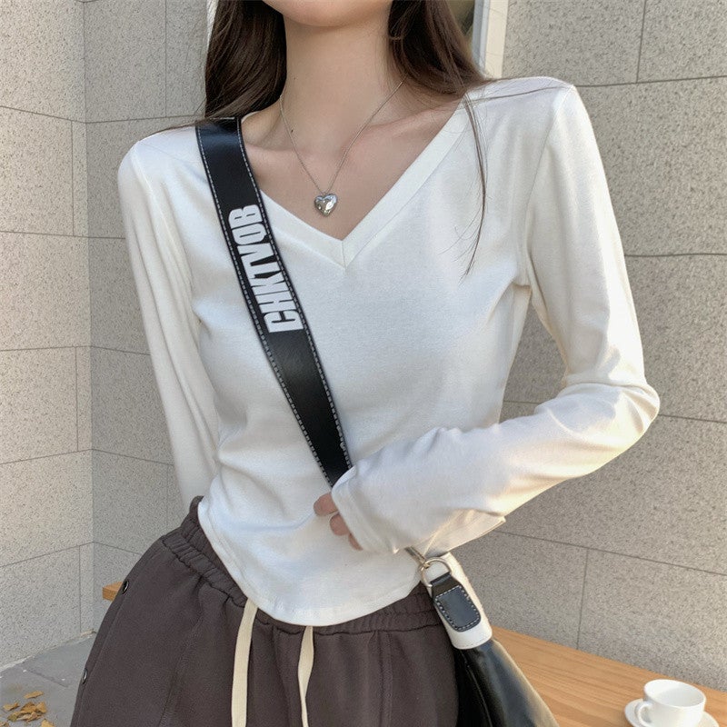 Pure Wants To Beware Clavicle V-Neck Long-Sleeved T-Shirt Base Shirt Women'S Korean Style Slim-Fit Inner Short T-Shirt Top - Image 4