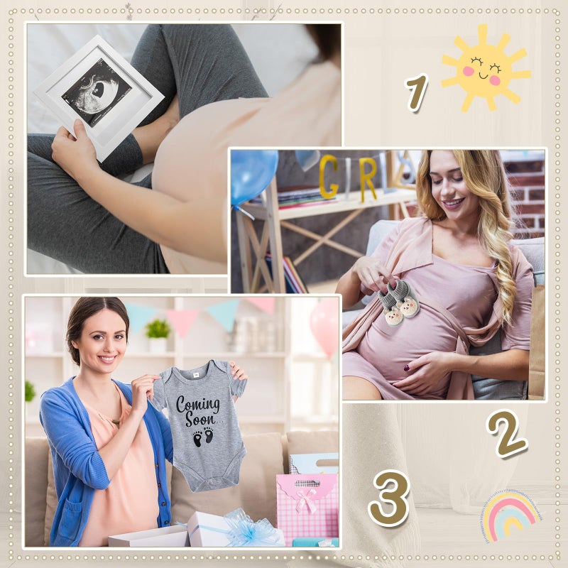 Canlierr 9 Pcs Pregnancy Announcement Set Pregnancy Reveal Ideas Felt Letter Board Baby Bodysuit Booties Photo Frame Bear Plush Wood Blocks for Coming Soon Baby Announcement(Gray) - Image 5