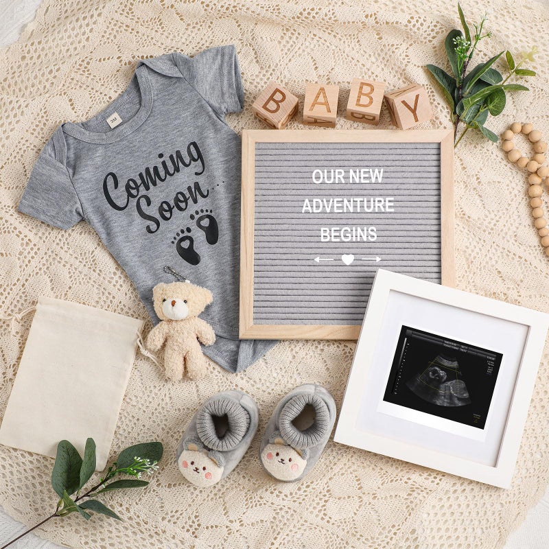 Canlierr 9 Pcs Pregnancy Announcement Set Pregnancy Reveal Ideas Felt Letter Board Baby Bodysuit Booties Photo Frame Bear Plush Wood Blocks for Coming Soon Baby Announcement(Gray) - Image 1
