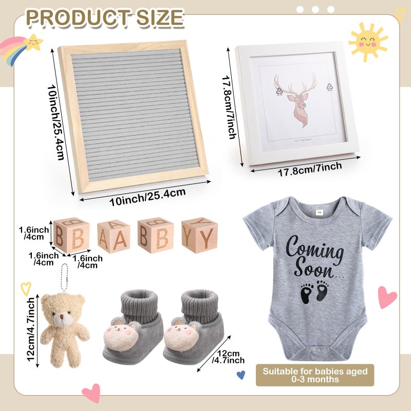 Canlierr 9 Pcs Pregnancy Announcement Set Pregnancy Reveal Ideas Felt Letter Board Baby Bodysuit Booties Photo Frame Bear Plush Wood Blocks for Coming Soon Baby Announcement(Gray) - Image 2