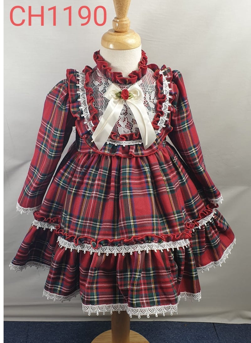 Little miss Bella Exquisite Girls Tartan Dress Full Sleeve Girls Ruffle Neck Dress Midi Girls Party Wear Dresses Casual Dress with A Satin Flower Ribbon 