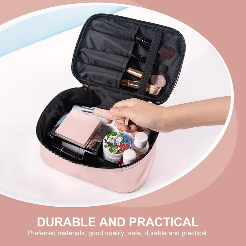 Pink Double Layer Waterproof Makeup Bag Portable Travel Cosmetic Organizer with Handle - Image 4