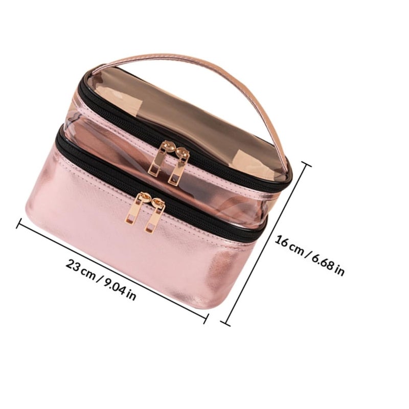 Pink Double Layer Waterproof Makeup Bag Portable Travel Cosmetic Organizer with Handle - Image 3