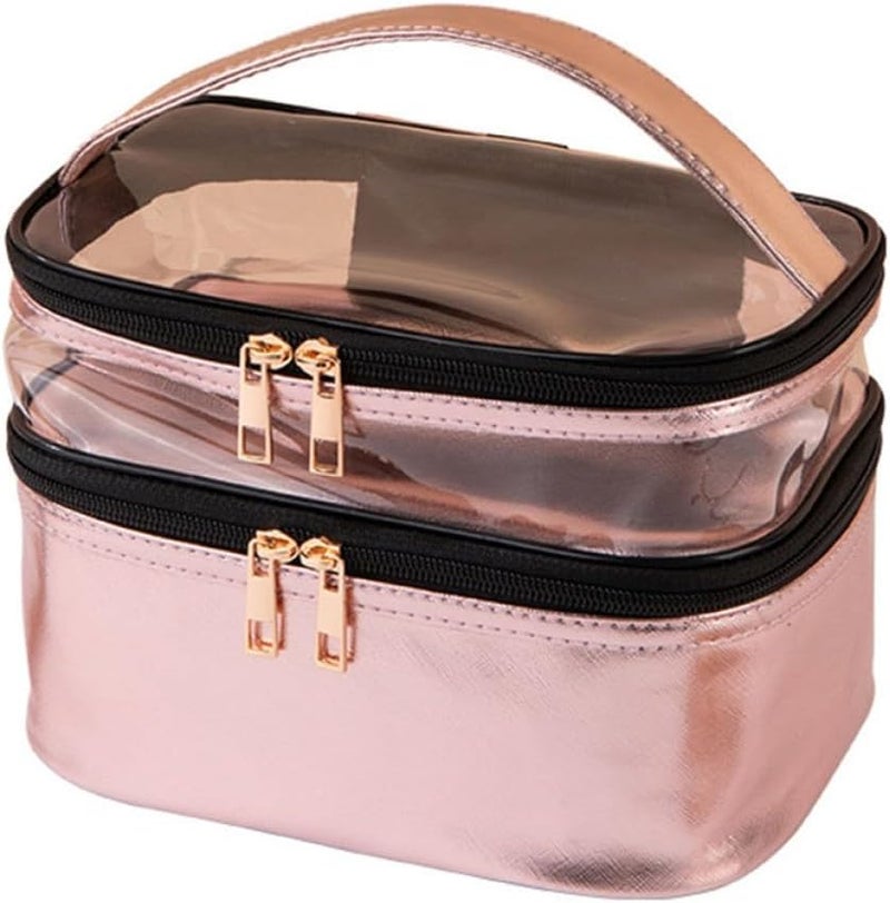 Pink Double Layer Waterproof Makeup Bag Portable Travel Cosmetic Organizer with Handle - Image 1