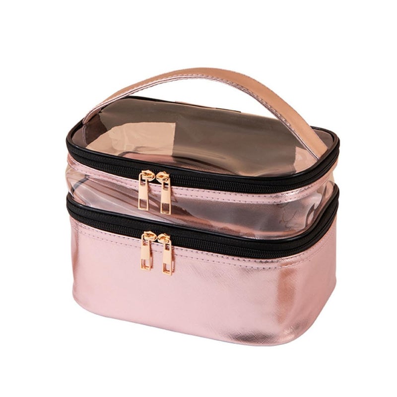 Pink Double Layer Waterproof Makeup Bag Portable Travel Cosmetic Organizer with Handle - Image 2