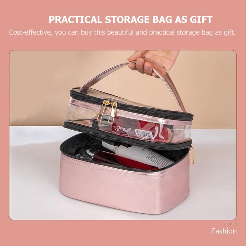 Pink Double Layer Waterproof Makeup Bag Portable Travel Cosmetic Organizer with Handle - Image 5