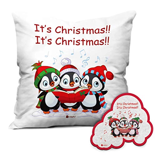Indigifts It's Christmas Printed Micro Satin and Fibre Cushion Cover with Filler (12x12-inch, White) & Magnet Combo Set - Image 1