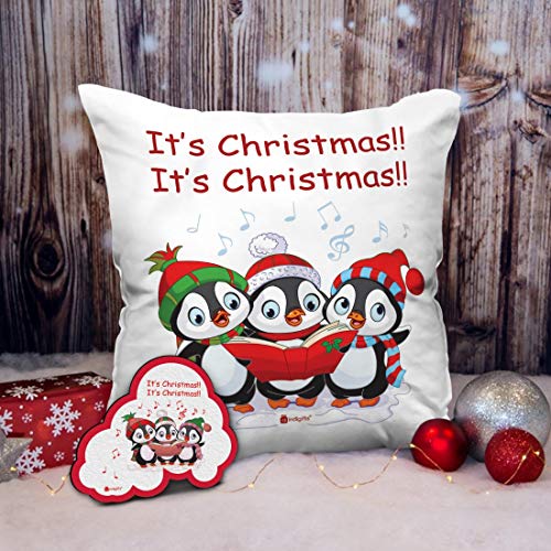 Indigifts It's Christmas Printed Micro Satin and Fibre Cushion Cover with Filler (12x12-inch, White) & Magnet Combo Set - Image 2