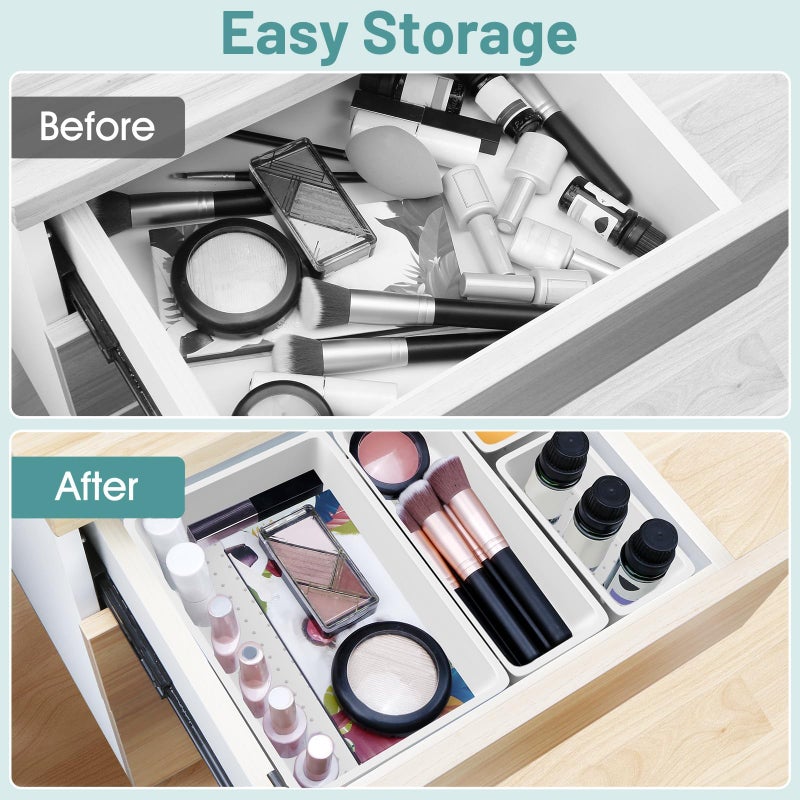 WOWBOX 25 PCS Plastic Drawer Organizer Set, 4 Sizes Desk Drawer Divider Organizers and Storage Bins for Makeup, Jewelry, Gadgets for Kitchen, Bedroom, Bathroom, Office, White - Image 5