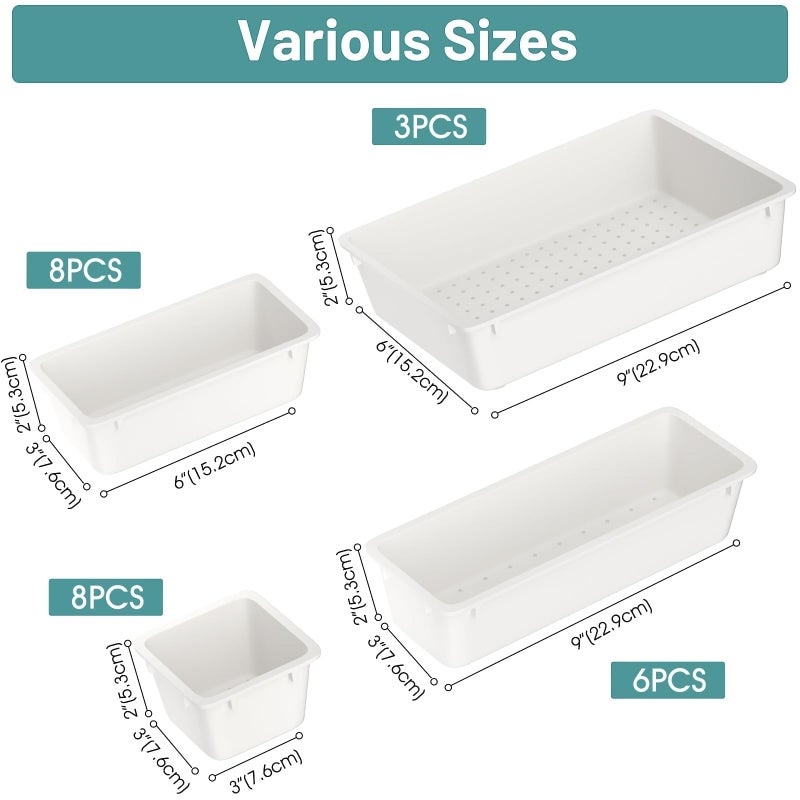 WOWBOX 25 PCS Plastic Drawer Organizer Set, 4 Sizes Desk Drawer Divider Organizers and Storage Bins for Makeup, Jewelry, Gadgets for Kitchen, Bedroom, Bathroom, Office, White - Image 2