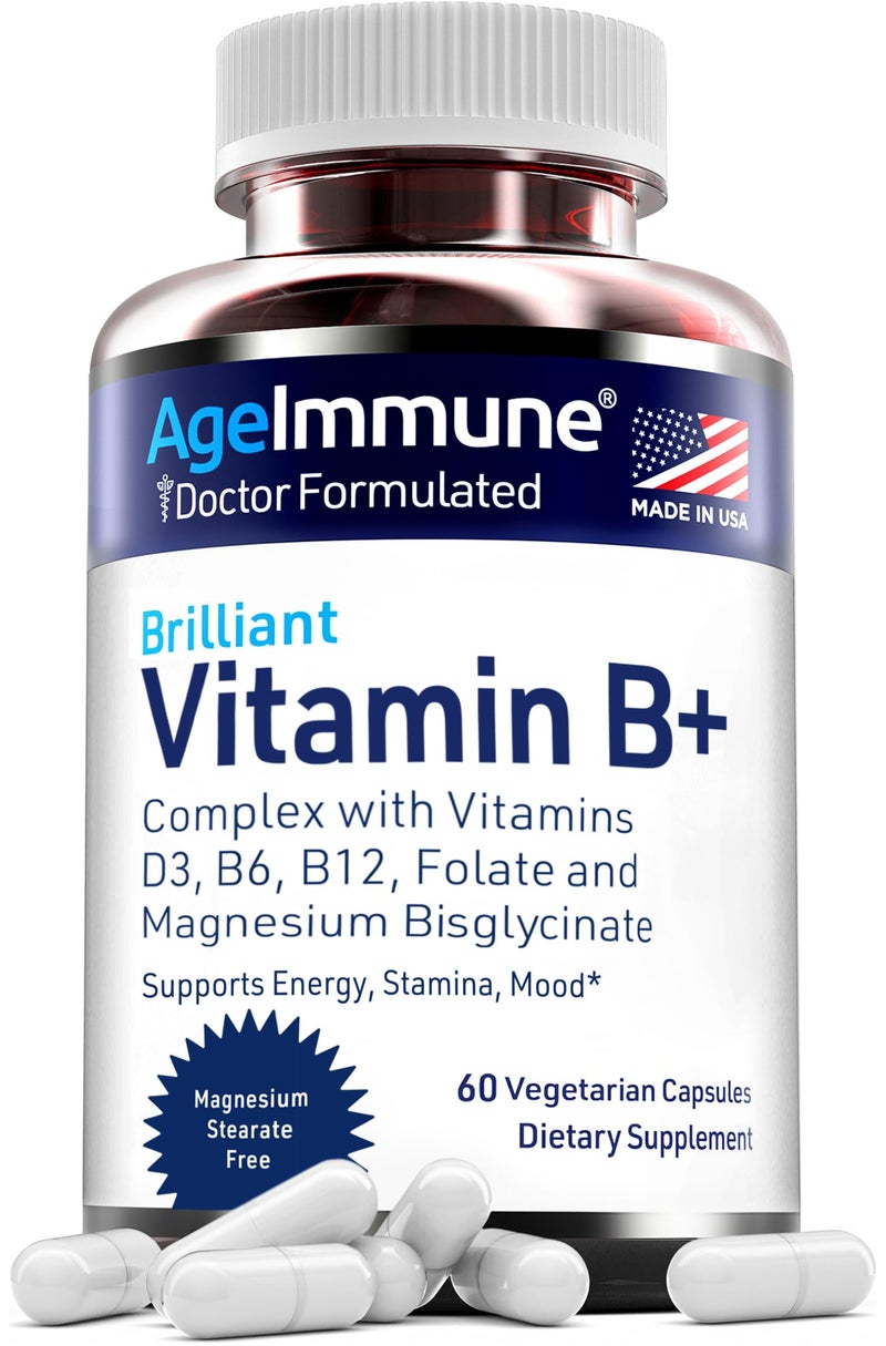 AgeImmune AgeImmune Vitamin B Complex with Vitamin D3 B12 B6 Magnesium Bisglycinate and Folate as Methylfolate Doctor Formulated Methylated B Complex Supplement 60 Capsules Without Niacin