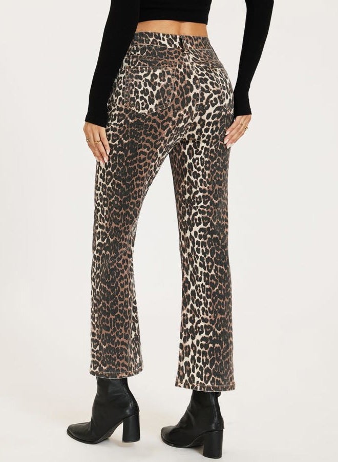 YEXPINE Women's Leopard Bell Bottom Jeans Cropped High Rise Stretchy Cheetah Print Demin Pants, Leopard, 16 - Image 4